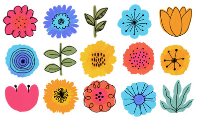 北欧風のかわいいお花の水彩ベクターイラスト カラフルセット