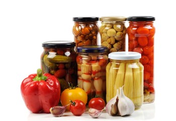 Fresh and pickled vegetables and mushrooms on white