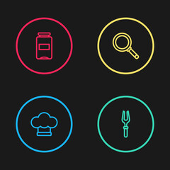 Set line Chef hat, Barbecue fork, Frying pan and Jam jar icon. Vector