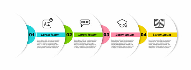 Set line Online translator, Hola different languages, Graduation cap and Open book. Business infographic template. Vector © vector_v