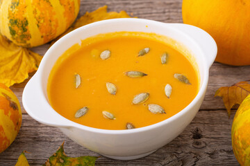 Healthy vegetarian autumn pumpkin soup