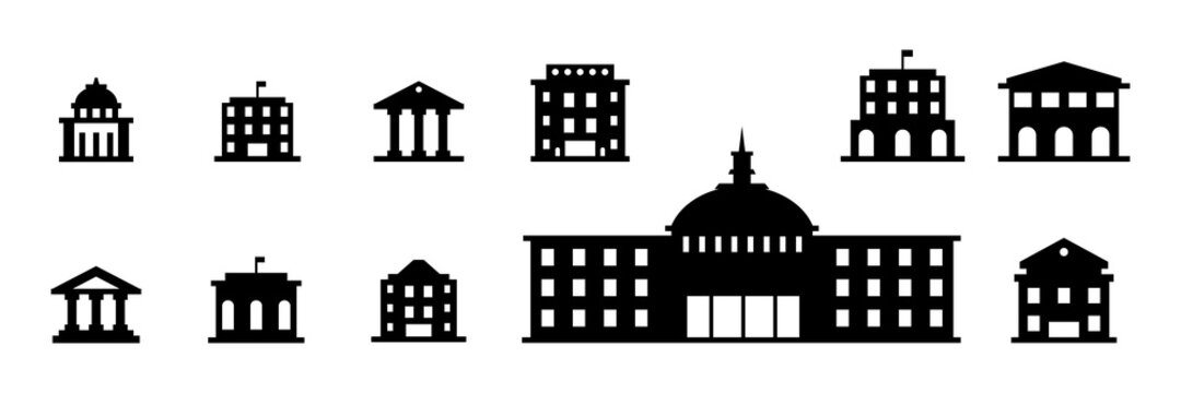 Conjunto de icono de edificios. Banco, hotel, hospital, universidad, polic&iacute;a, palacio de justicia, museo. Concepto de arquitectura. Ilustraci&oacute;n vectorial