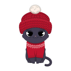 Ręcznie rysowany uroczy mały kotek w wełnianej czapce z pomponem i czerwonym sweterku. Wektorowa ilustracja siedzącego kota. Kot w ciepłym ubraniu gotowy na zimę i śnieg. - obrazy, fototapety, plakaty