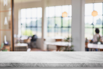 Empty white marble stone table top and interior space of cafe and restaurant banner mock up abstract background - can used for display or montage your products. - obrazy, fototapety, plakaty