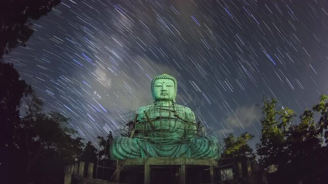 Time lapse 4K, Giant Buddha' is a Japanese term often used informally for a large statue of Buddha, Giant Buddha with milky way moving in sky and star trails at night, Mae Tha Lampang Thailand.
