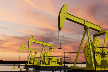 Nice pumpjack oil extraction and cloudy sky in sunset  3D rendering