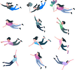 Colored flat vector illustration. Happy free people flying, jumping in air and floating. Characters set moving and floating in dreams.
