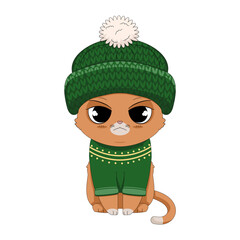 Uroczy mały kotek w dużej wełnianej czapce z pomponem i zielonym ciepłym sweterku. Wektorowa ilustracja siedzącego kota. Kot w ubraniu gotowy na zimę i śnieg. Rudy kotek z niezadowoloną miną.