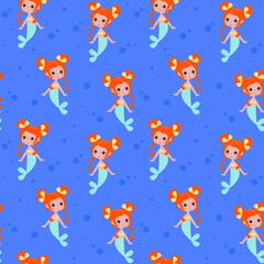 Fototapeta na wymiar Cute lovely mermaid with red hair on a blue background. Seamless patterns for baby print and fabric.