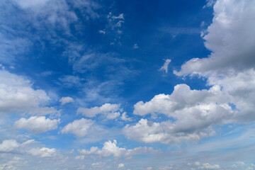Blue sky fluffy white clouds on summer season bright clear skyline with beautiful cloudscape. Panorama blue sky clouds pattern on daylight with copy space. Cumulus cloudscape air climate sunny day