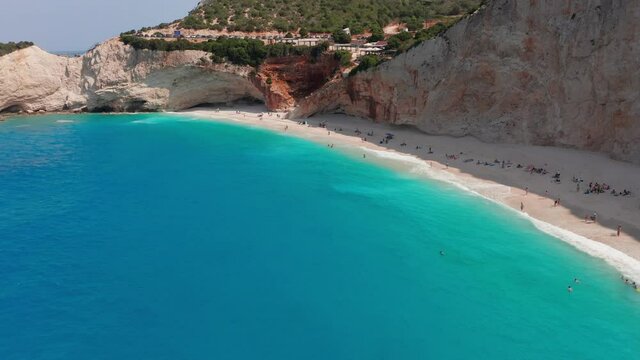 Aerial view of famous exotic turquoise sea of Porto Katsiki beach under the mountain at Lefkada Greece