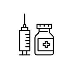Vaccine icon. Syringe and medicine bottle with a cross. Pixel perfect, editable stroke icon