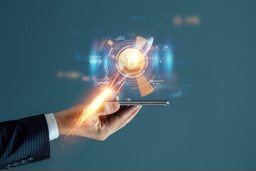 Creative background, bitcoin coin price increases, rocket flying, electronic money. Blockchain transfer concept, cryptocurrency, data encryption. Mixed media.