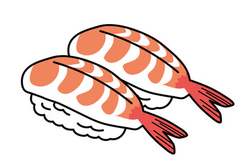 主線アリ　シンプル漫画　寿司・鮨のイラスト｜ボイル　エビ海老の握り寿司のイラスト