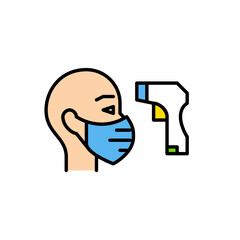 Temperature check procedure with a contactless thermometer as covid disease prevention measure. Pixel perfect, editable stroke colorful icon