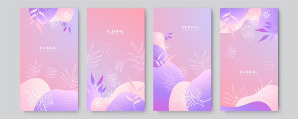 Trendy abstract story art templates with colorful gradient vivid vibrant floral and geometric elements. Suitable for social media posts, mobile apps, banners design and web ads. Fashion backgrounds.