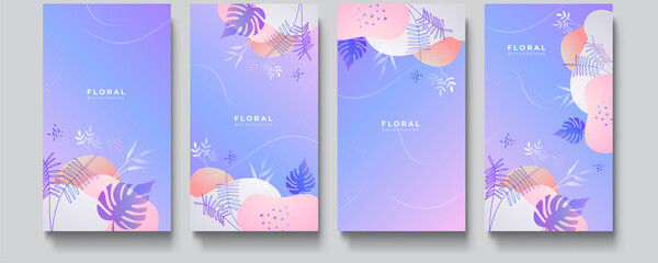 Trendy abstract story art templates with colorful gradient vivid vibrant floral and geometric elements. Suitable for social media posts, mobile apps, banners design and web ads. Fashion backgrounds.