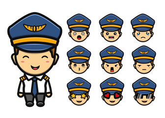 set of cute pilot cartoon in many expression
