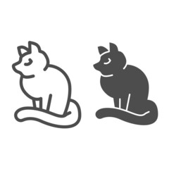Black cat, sitting, halloween, kitty line and solid icon, halloween concept, disgruntled cat vector sign on white background, outline style icon for mobile concept and web design. Vector graphics.