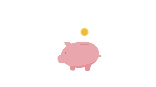 put coins into piggy bank. Moneybox in pig form. Concept of saving money. isolated on a white and green background