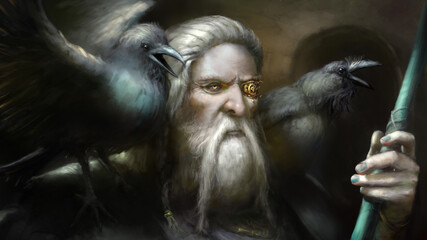 The great Scandinavian god Odin, he does not have one eye, a gold ornament closes his eye socket, his crows sit on his shoulders, he holds a spear in his hand.