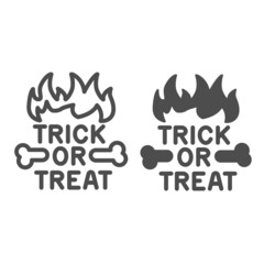 Trick or treat inscription, fire flame, bone line and solid icon, halloween concept, lettering vector sign on white background, outline style icon for mobile concept and web design. Vector graphics.