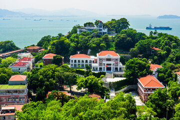 Aerial view of ancient buildings on Gulangyu Island in Xiamen, China. The place is one of the UNESCO World Heritage.