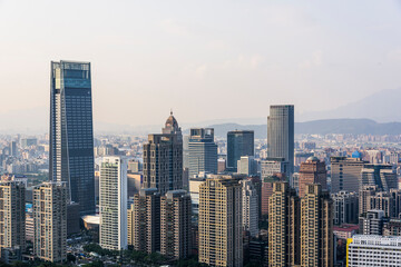 Fototapeta na wymiar Panoramic cityscape of Taipei Xinyi Financial District from the top of the Xiangshan mountain in Taipei Taiwan.