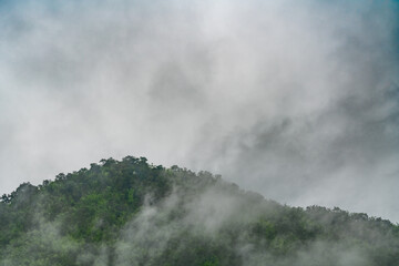 The landscape of mountain peaks that covered with tropical green trees, the morning mist shrouded the mountains with rain clouds forming..