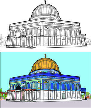 Palestin vector drawing, line art and coloured dome of rock