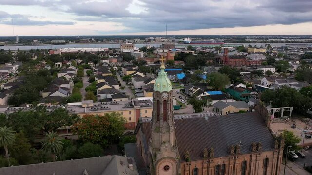 Aerial reveal of the French Quarter in New Orleans, Louisiana post Hurricane Ida