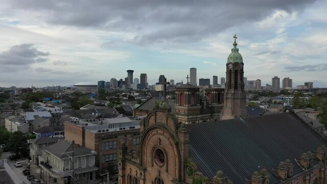Aerial view of New Orleans church on a cloudy day 