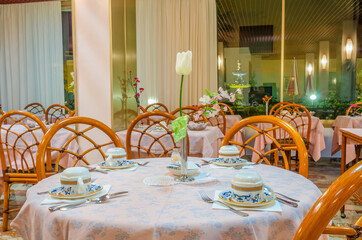 Interior of the restaurant of the luxury five stars hotel or resort.