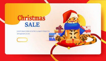 cute tiger holding gifts happy new year merry christmas holiday celebration greeting card horizontal