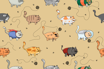 Cute Cartoon Cat Vector, Seamless Pattern And Background