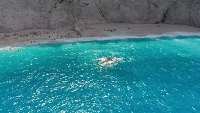 Aerial view of famous exotic turquoise sea of Porto Katsiki beach under the mountain at Lefkada Greece