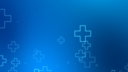 Medical health blue cross neon light shapes pattern background. Abstract healthcare technology and science concept.
