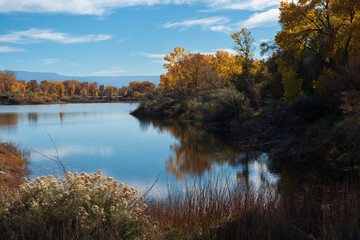 Autumn lake in western Colorado with gold foliage and reflection