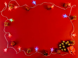 christmas and new year flat lay with copy space on red background