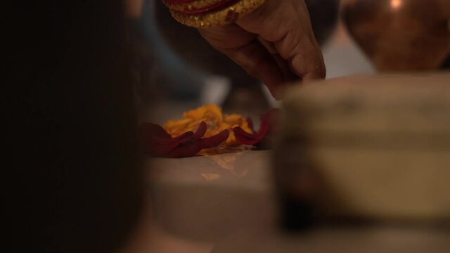flawors decoration slow-motion view. Indian ritual rangoli of flowers