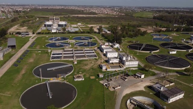 Aerial View of a Water Treatment Plant Gral. San Mart&iacute;n AySA, Buenos Aires, Argentina on a bright sunny day.