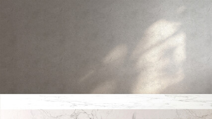 3D rendering of empty shiny marble counter top for products display in front of a concrete wall with beautiful sun light and window frame shadow shine on. Background, Mock up, Backdrop, Home, Natural.