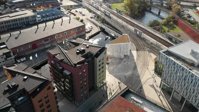 River and Boat in Gamlestaden or Old City Urban District, Gothenburg, Sweden, Aerial