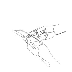 hand holding and using smartphone illustration in continuous line drawing