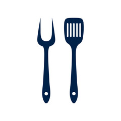 BBQ or grill tools icon in flat design. Barbecue fork sign isolated symbols on white background. Simple silhouette BBQ tools. Logo. Vector illustration.
