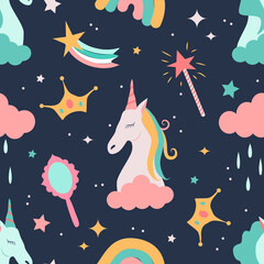 Obraz na płótnie Canvas cute vector seamless pattern with hand drawn unicorns, pony, magic wands, stars and comets on a dark blue background. childish flat illustration for printing on fabric, kids clothing, wrapping paper