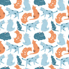 cute vector seamless pattern with hand drawn cats in various poses. childish ornament. pattern for printing on fabric, clothing, wrapping paper, wallpaper for a kid's room, baby things