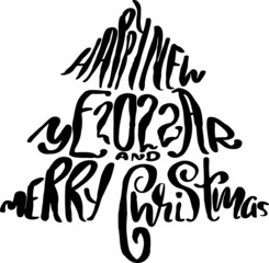 Happy New Year 2022 and Merry Christmas lettering christmas tree with star poster vector illustration