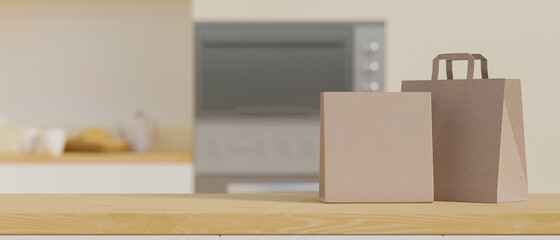 Tabletop with montage space and shopping paper bags mockup over blurred home kitche