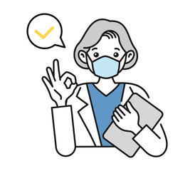 OKサインをする白衣を着てマスクをした年配女性の看護師/医師のイラスト素材　